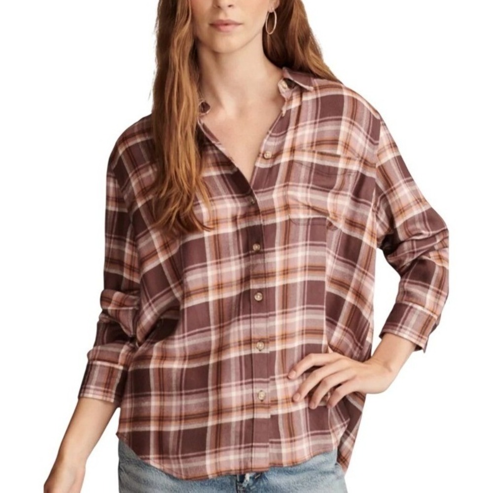 Lucky Brand Womens Plaid Long Sleeve Button Down Shirt Pruple Orange L NEW Soft